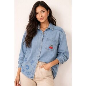 Vintage Eddie Bauer Denim Shirt Hand Painted Stiles Cherry Patch M